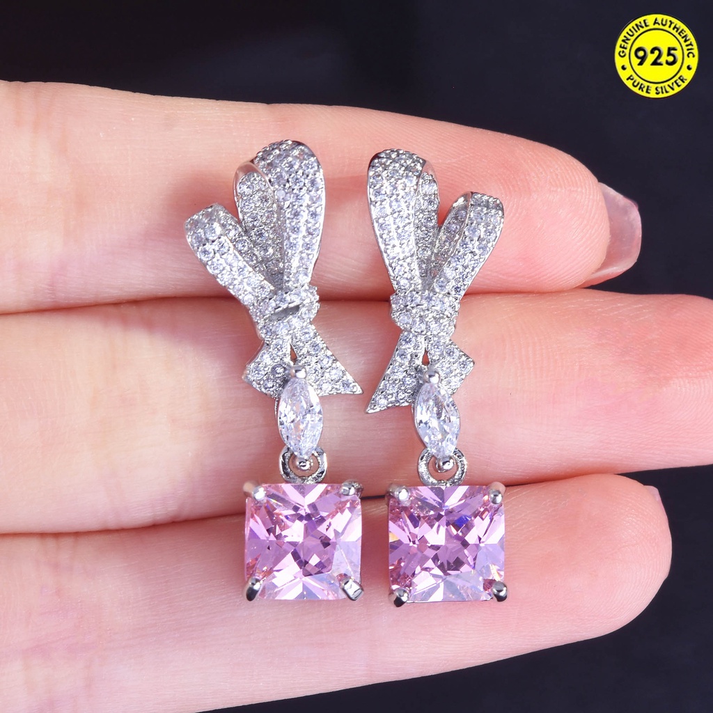 Anting Tusuk Gantung Bahan Sterling Silver 925 Desain Bunga Hias Berlian Pink Untuk Wanita