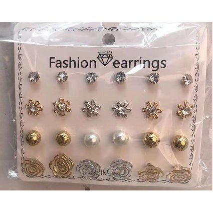 12 Pasang Anting Wanita Berlian Bulat Mutiara Bunga Korea-9