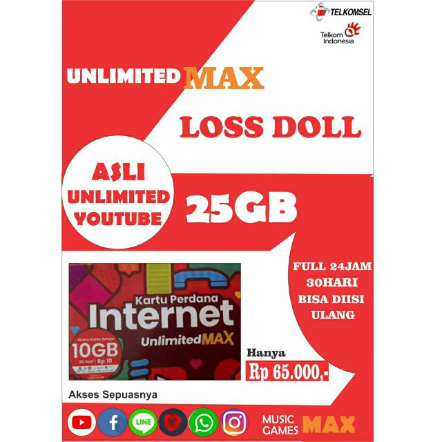 Perdana internet Telkomsel Unlimited 25gb + 1000 gb Unlimited semua aplikasi