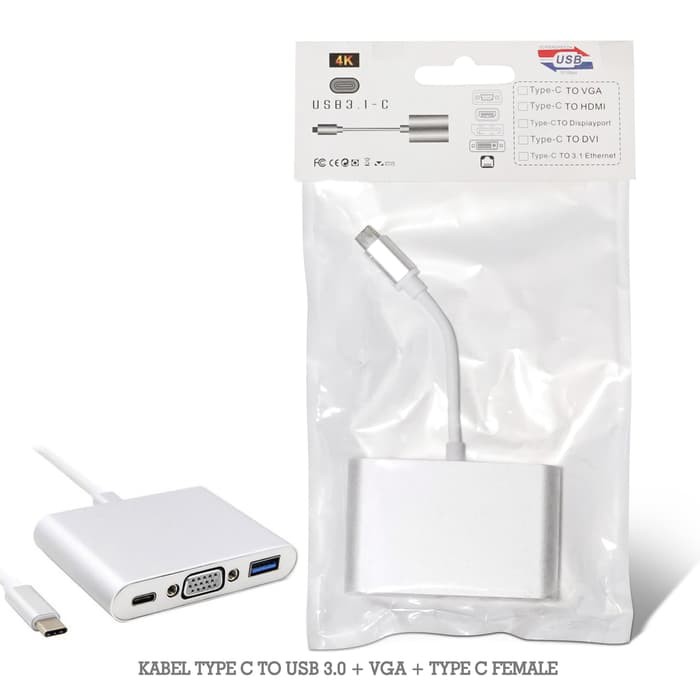 Type C Male to USB 3.0 + VGA (Female) + Type C (Female)
