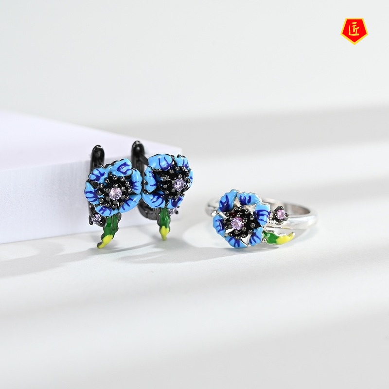 [Ready Stock]Blue Cornflower Flower Ring Earrings and Necklace Set