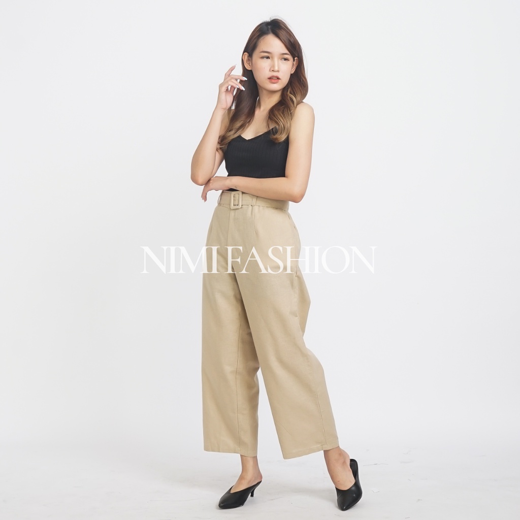 Celana Kulot Linen Highwaist Wanita / Wide Leg Free belt Culottes Linen Pants Premium