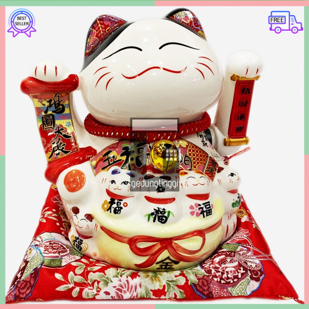 Pajangan Patung Hiasan Dekorasi Boneka Kucing Panggil Hoki Maneki Neko Maneko Neki Lucky Cat Rejeki Rezeki Keberuntungan Keramik Cina China Jepang Baterai Batrai Batre Listrik Tangan Gerak Goyang Hias Meja Etalase Toko Kantor Resto Cafe Kafe Murah Diskon