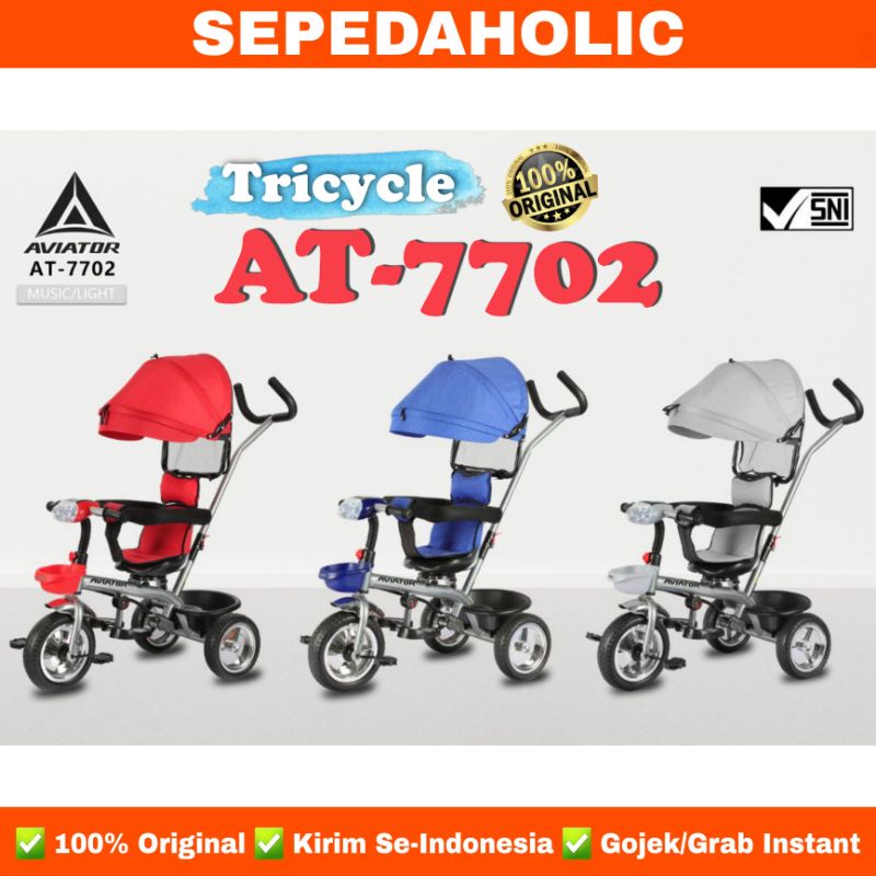 Sepeda Roda 3 Tiga AVIATOR AT 7702 Kursi Putar Musik Lampu Kanopi Tricycle Stroller Anak