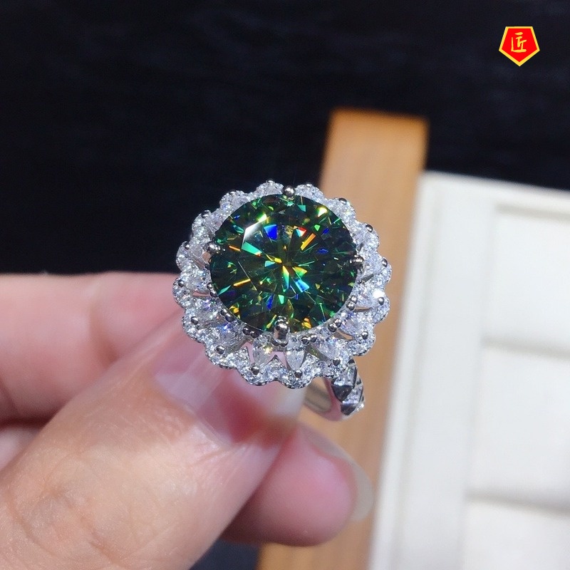 [Ready Stock]Inlaid Green Moissanite Ring Shiny Luxury