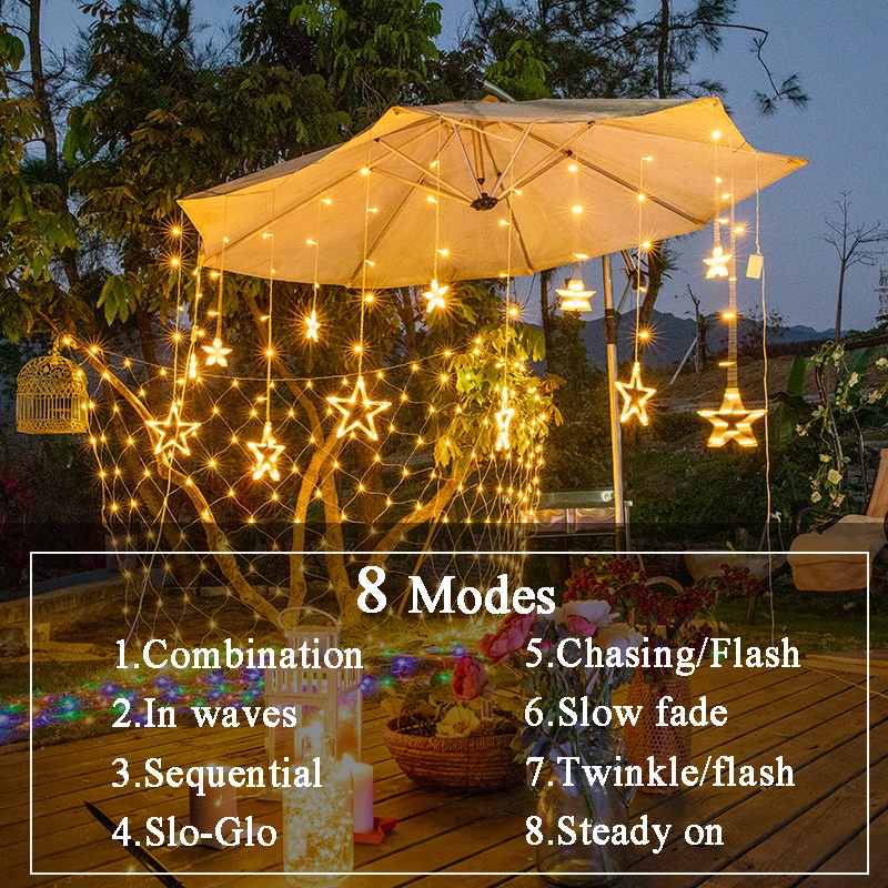 4M LAMPU LED Bintang Bulan Tirai String Lampu 8 Mode Dekorasi Lampu LED Rumah Liburan Pesta Pernikahan Tirai Taman