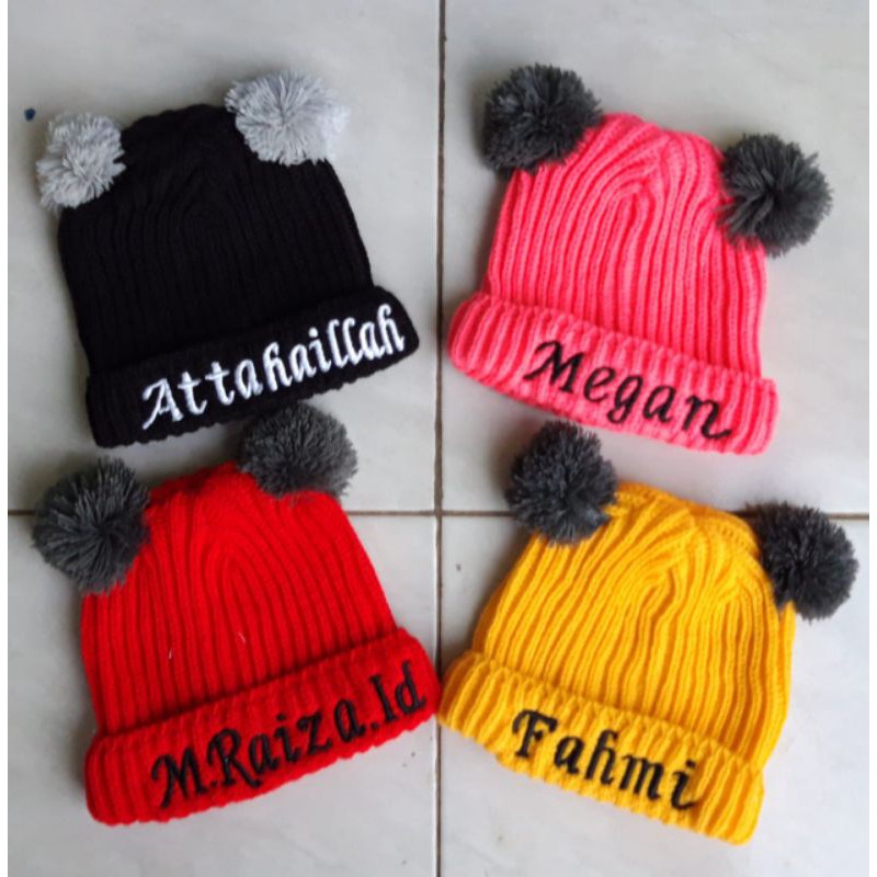 Topi Kupluk Pom Pom Bayi Bordir Nama Sendiri Perempuan Laki Laki Reques Suka Suka Bahan Adem