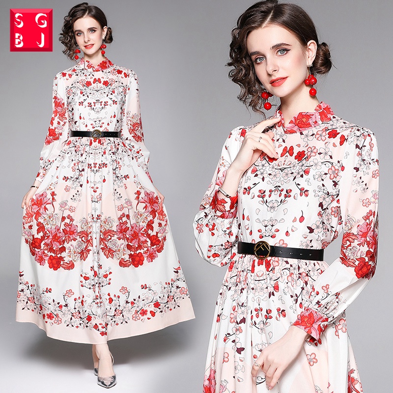 SGBJ Gamis Murah Muslim Dress Wanita Vintage Floral Motif Lengan Panjang Maxi Dress