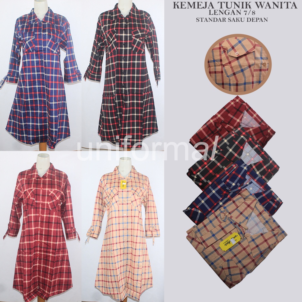 BLOUSE / TUNIK / KEMEJA WANITA / MOTIF KOTAK LENGAN 7/8 STANDAR DAN JUMBO / LONG TUNIC / MODEL TERBARU / BBERRY / TALI LENGAN / KEKINIAN / MURAH TERMURAH / Kemeja Panjang Wanita Casual / Hem kancing flow Rose / Tunik kyoko BBR kotak Square Bordir