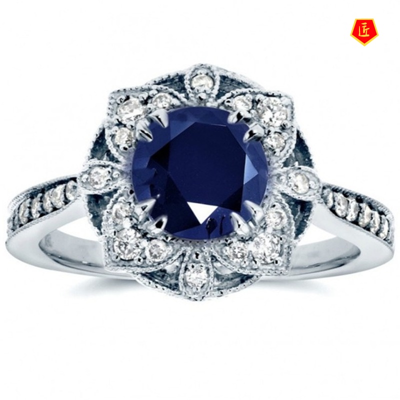 [Ready Stock]European and American Fashion Carat Diamond Ring Inlaid Sapphire Flower Ring