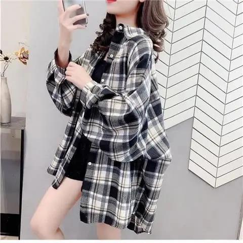 Import Korean Style Kotak Kotak Blouse Wanita/vintage Model Longgar Kemeja Wanita