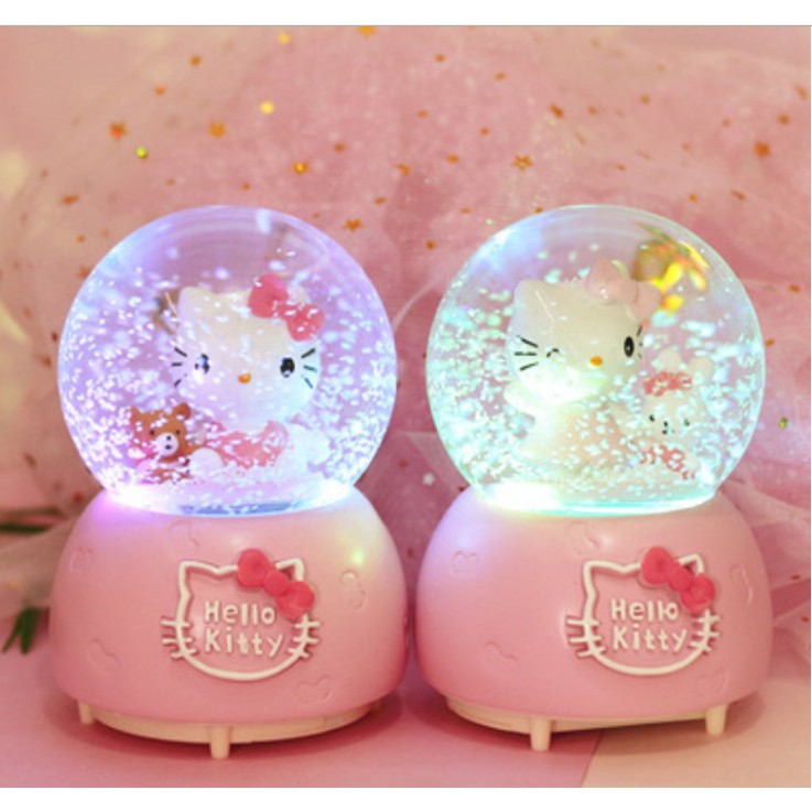 Kotak Musik Bola Kaca Snowball Kotak Musik Bola Kristal Kartun Hello Kitty Pink+Salju +Lampu