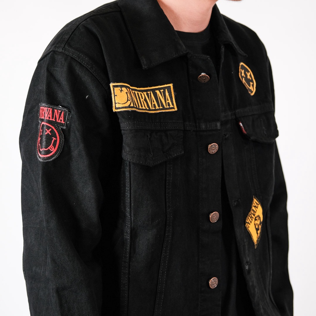 Jaket Jeans Bordir Hitam / Jaket Denim Patch Band - Nirvana