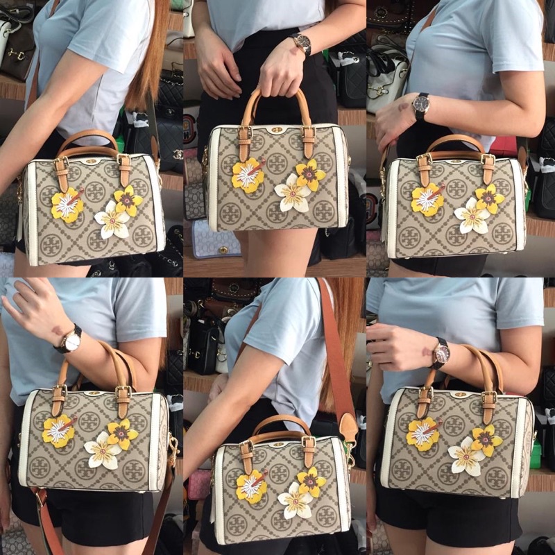 Burch T Monogram Braided Floral Barrel Bag with Box 2113W