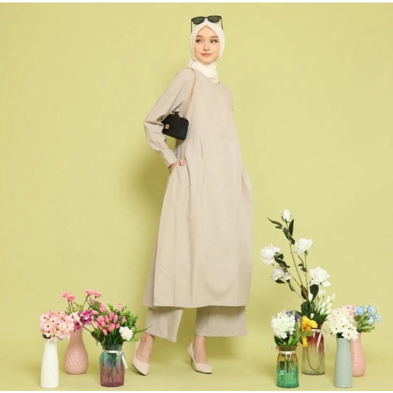 ZALIA KHAKI tunik set /one set/pakaian muslim wanita