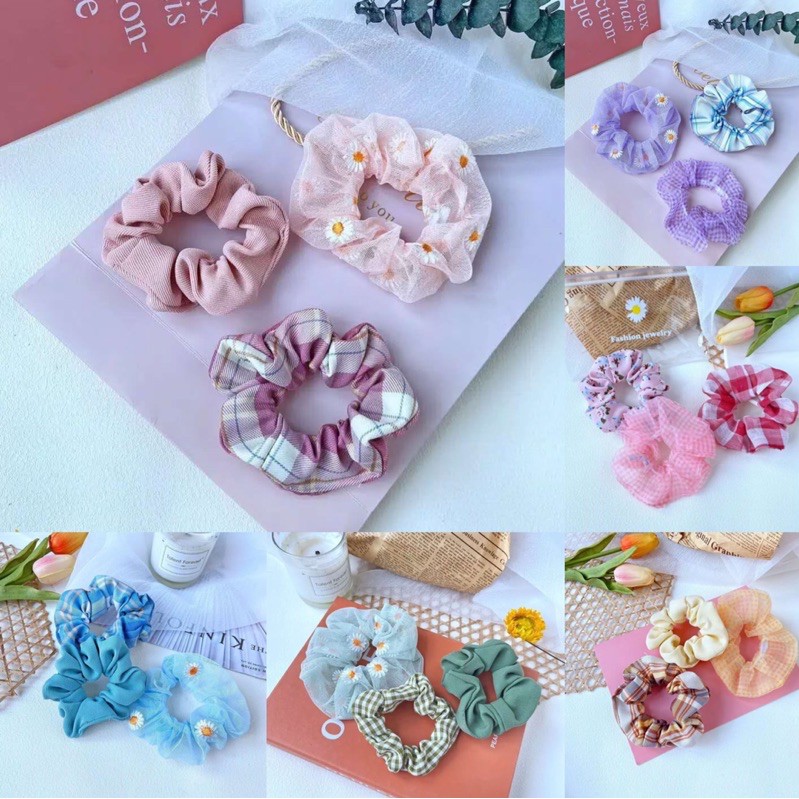 COD SCRUNCHIE DAISY 1SET isi 3 (japit rambut,ikat rambut,pita rambut,hair korean kucir)