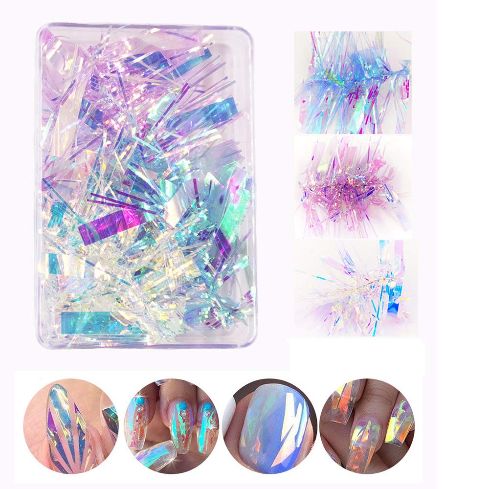 MXBEAUTY Irregular Aurora Cellophane Fragments Colorful Transfer Paper Nail Foil Film Gradient Mirror Glitter Decal DIY Laser Irregular Strip Candy Paper Manicure Tools Nail Stickers