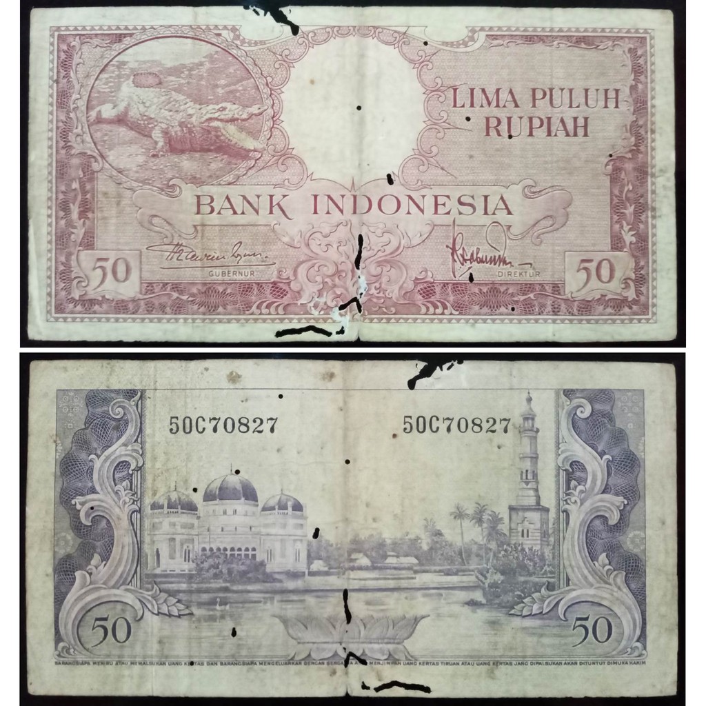 Uang Kuno 50 Rupiah Tahun 1957 Seri Hewan (Buaya) Prefik Satu Huruf "C"