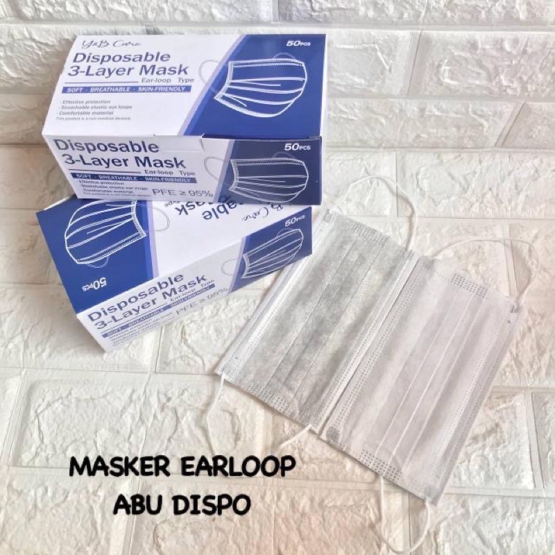 MASKER EARLOOP ABU 3PLY MERK DISPO TERMURAH 1BOX ISI 50PCS