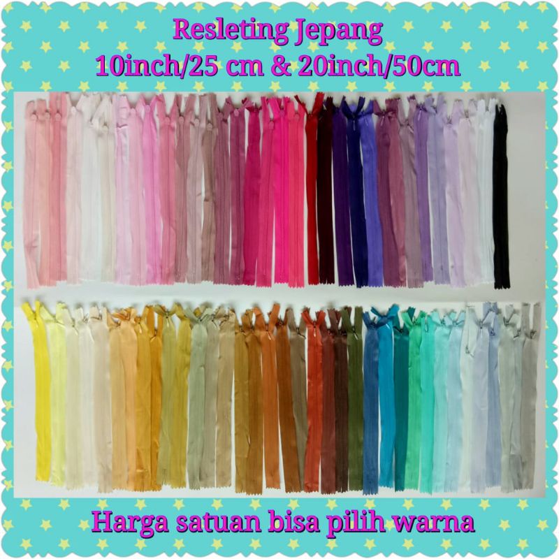 katalog 2 Resleting Sleting Ritsleting jepang 50cm 25cm 20inch 10inch 20&quot; 10&quot; Invisible Zipper bisa pilih warna