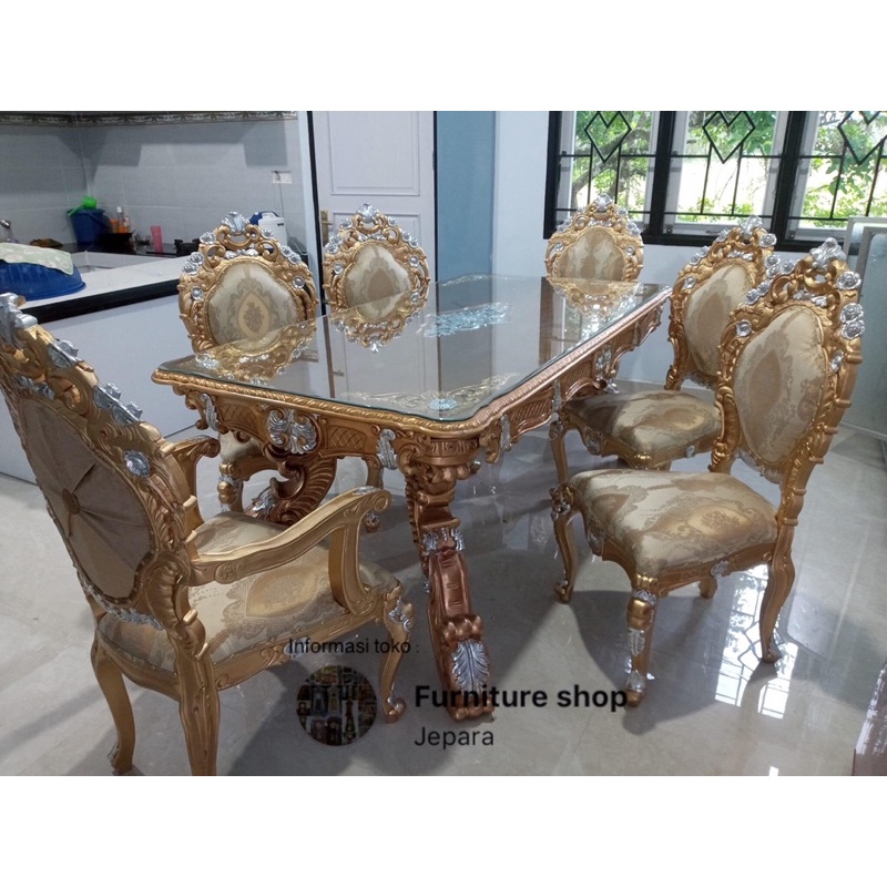 Meja makan set kursi 6 rosalina duco gold mewah