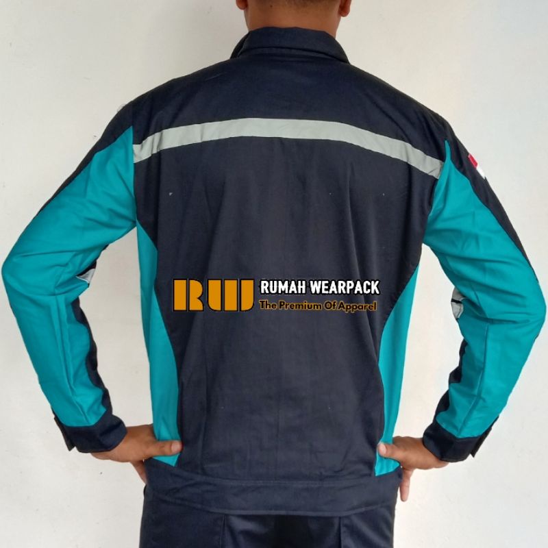 Semi Jacket Safety/ Wearpack Safety Jaket Safety Atasan Lengan Panjang Navy Kombinasi Biru Tosca