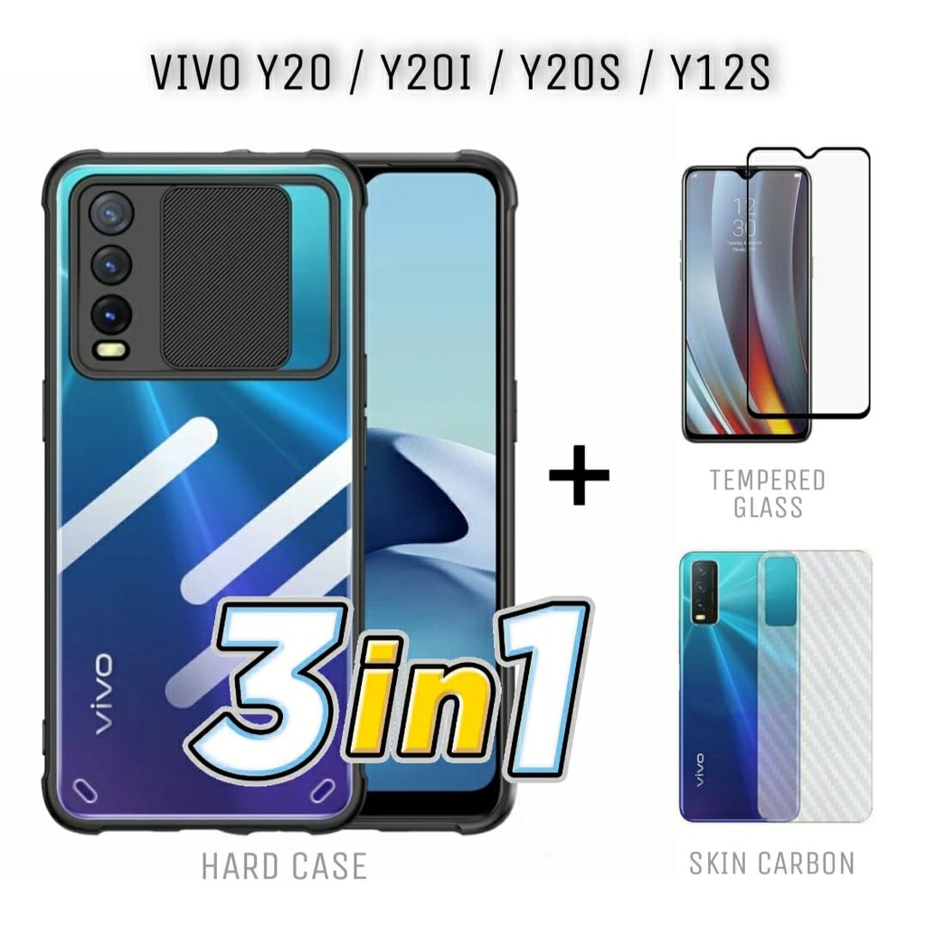 Hard Case VIVO Y20 Y20i Y20S Y12S Fusion Shield Free Tempeered Glass Layar dan Skin Carbon