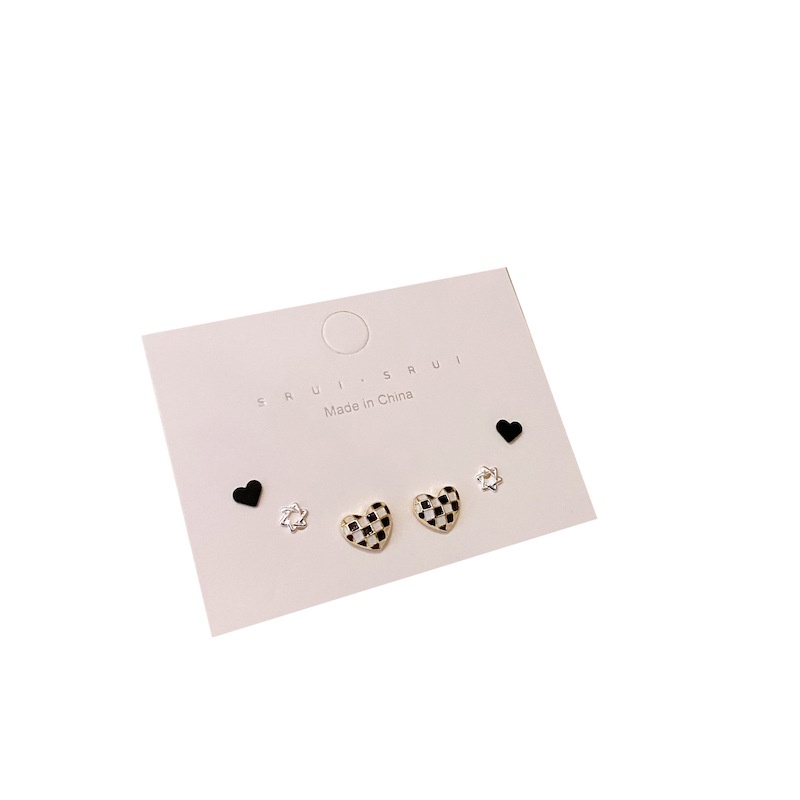 6pcs / Set Anting Stud Desain Hati Bintang Papan Catur Bahan Alloy Gaya Korea Untuk Wanita