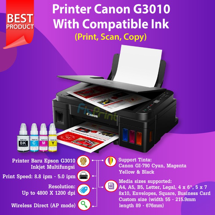 Printer Canon G3010 WiFi Print Scan Copy Wireless Tinta Original GI790 790 Black Cyan Magenta Yellow