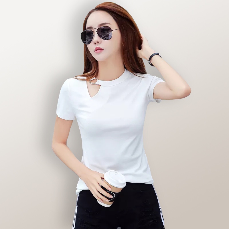 Kaos Lengan pendek wanita Gaya Korea variasi Ring di leher - XSHOP Omila