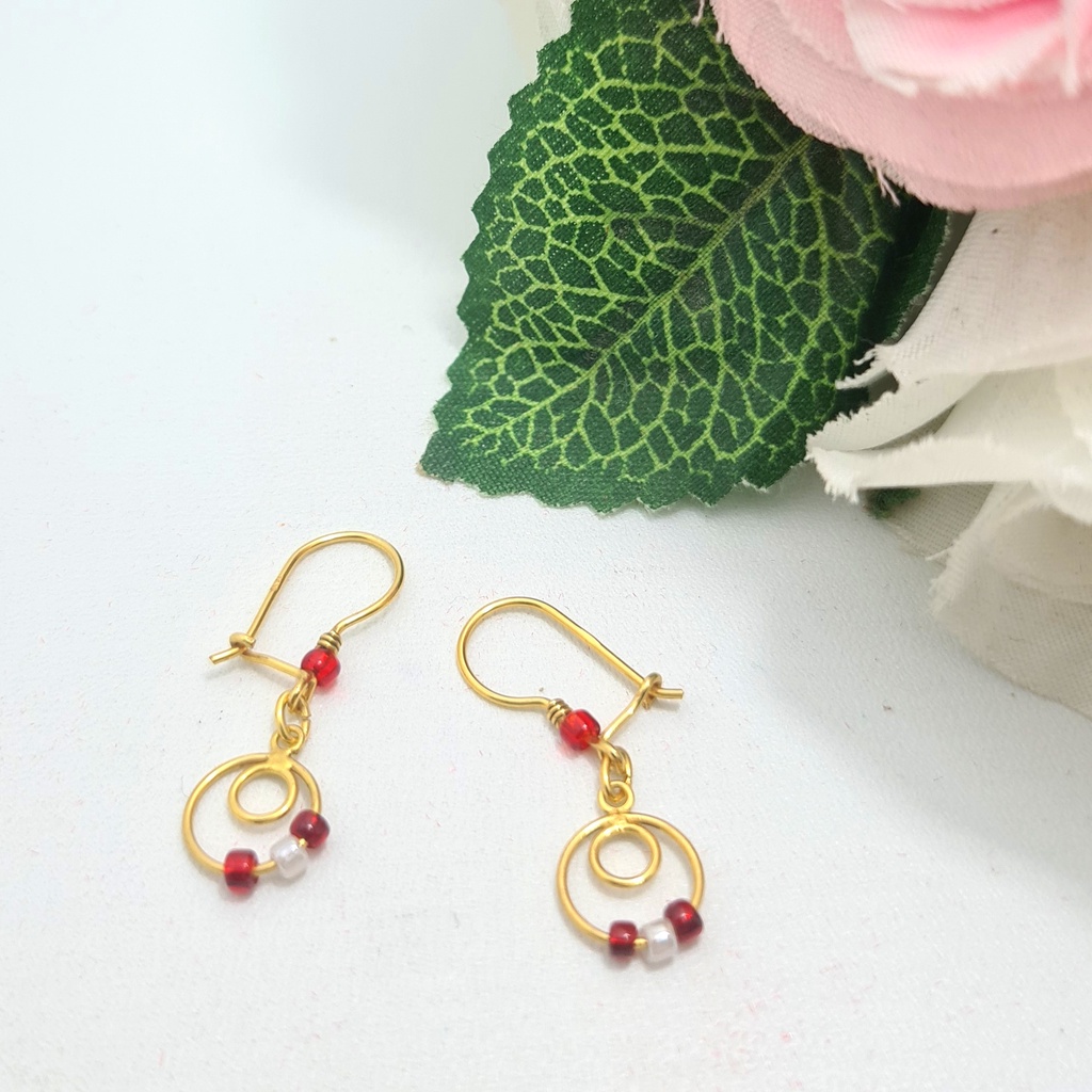 Anting Kait Emas Muda Bandul Kristal Merah Putih