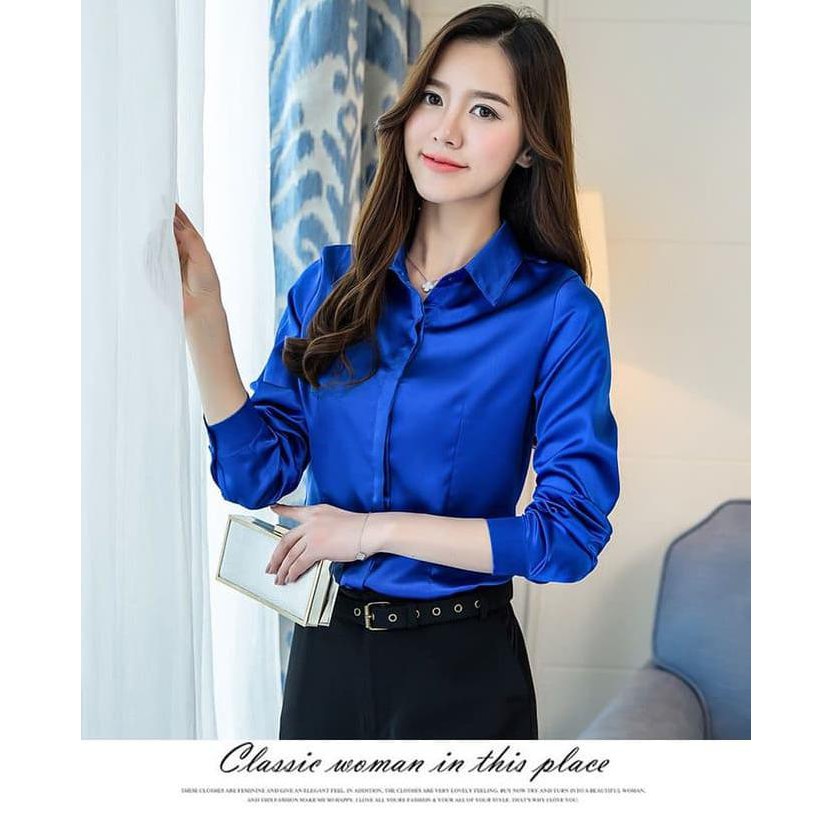KEMEJA WANITA  SHJT218042145232 - KEMEJA KOREA - KEMEJA SATIN - KEMEJA FORMAL - BAGUS - BIRU, S