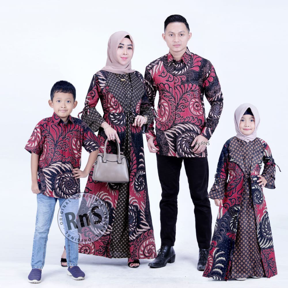 Batik couple keluarga modern terbaru set couple batik keluarga gamis jumbo  Puser Navy-MERAH