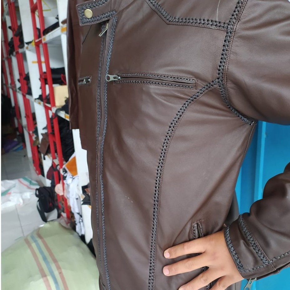 Jaket Kulit Pria Asli Domba Model Jahitan Sulam Elegant Brownie Ariel Noah