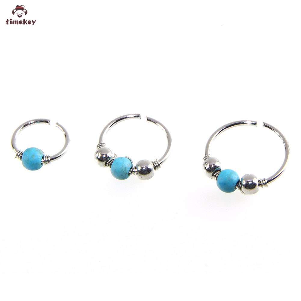 【TK】Blue Turquoise Round Beads Nose Ring Stud Earring Nostril Hoop Women Jewelry