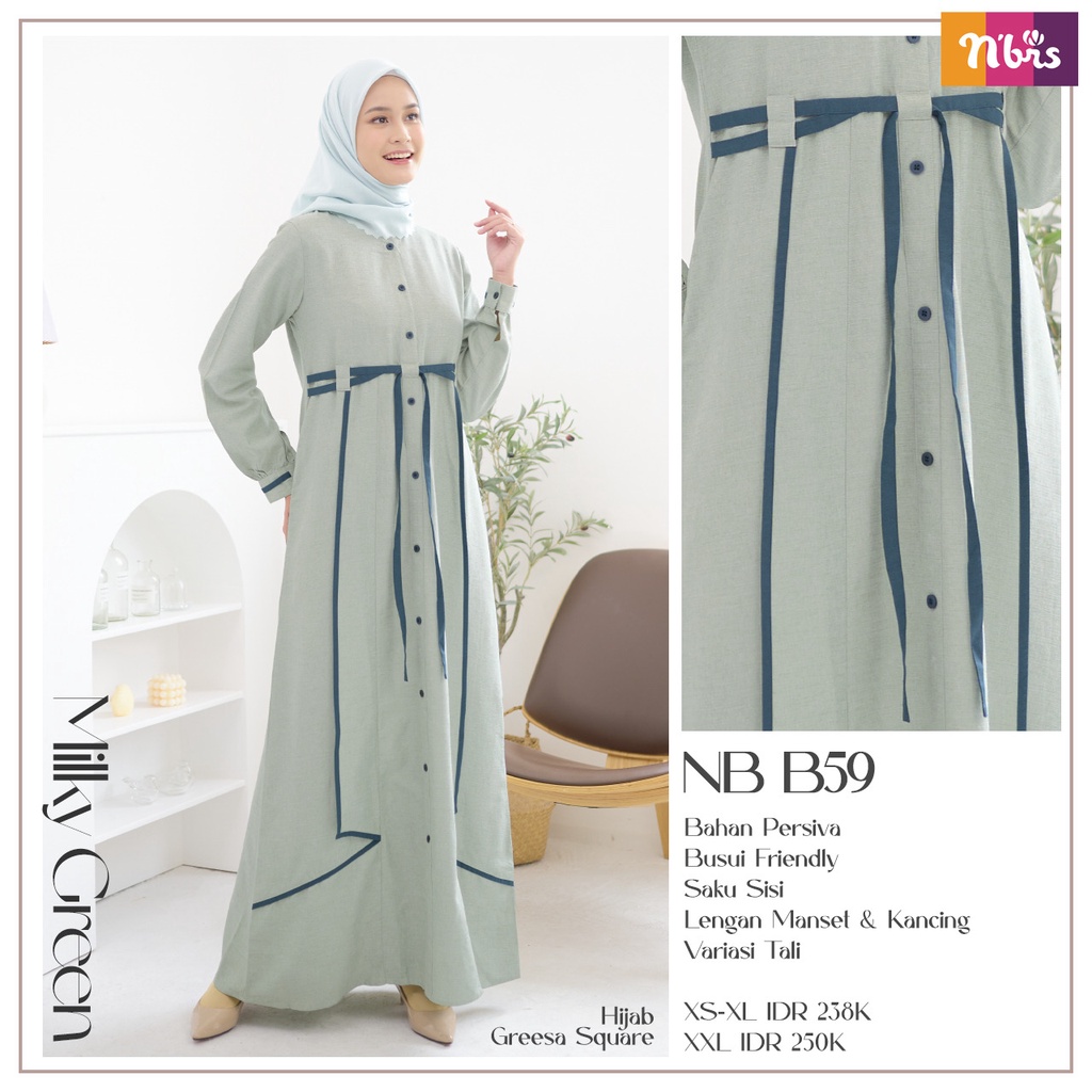 Gamis Nibras NB B59 Bahan Pessiva Dress Musmulim Simple Warna Soft Daily OOTD