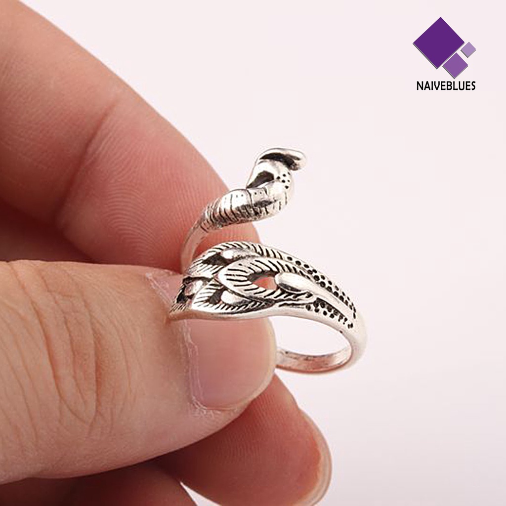 Cincin Model Terbuka Adjustable Desain Merak Warna Silver Gaya Retro