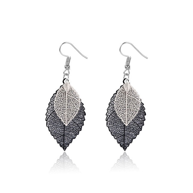 LRC Anting Gantung Fashion Double-layer Hollow Leaf Alloy Earrings D96529