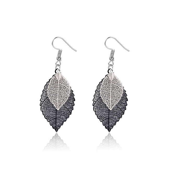 LRC Anting Gantung Fashion Double-layer Hollow Leaf Alloy Earrings D96529