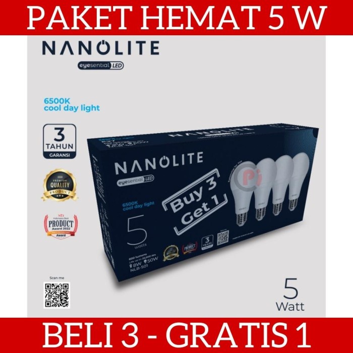 PAKET 3 GRATIS 1 NANOLITE LAMPU LED BULB 5 WATT 5W Cahaya Putih