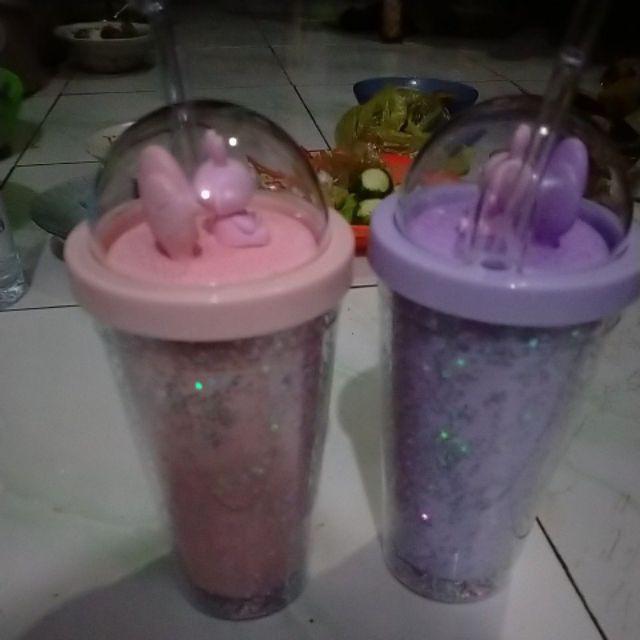 Water Bottle Rabbit Glitter With Straw