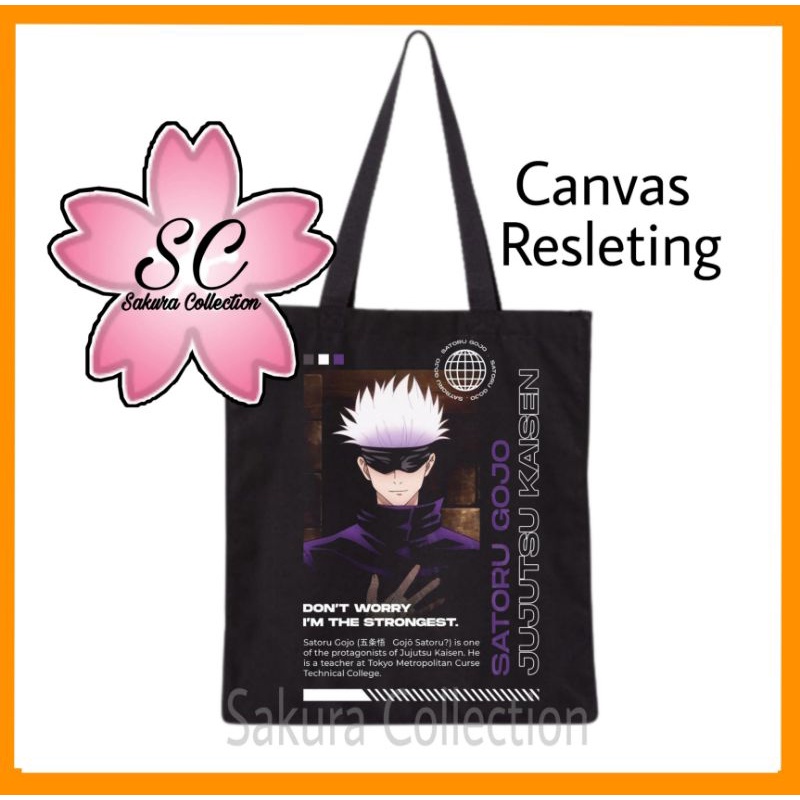 Tote bag Anime Jujutsu Kaisen Gojo Satoru Otaku Jepang totebag resleting / canvas / tas jinjing hitam polos / tas ngaji / tas sekolah/ tas kuliah / tas laptop / tas main / tas belanja