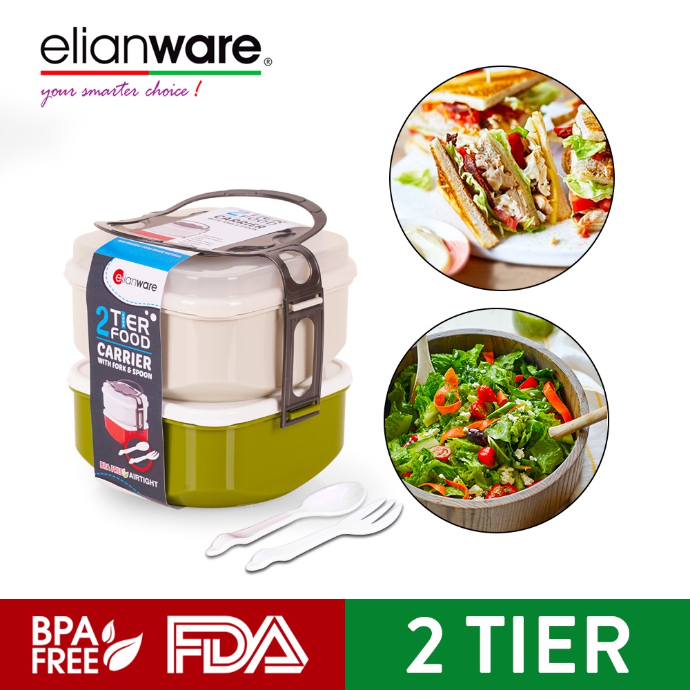 ELIANWARE 2 Layer Tier Microwaveable Square Tiffin Food Carrier Lunch Box with Fork & Spoon,BPA Free
