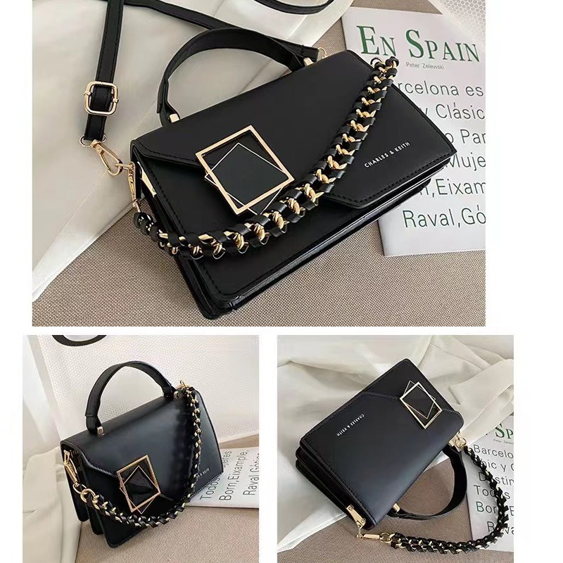 Tas Wanita Metal &amp; Chain Decor Flap Square Bag