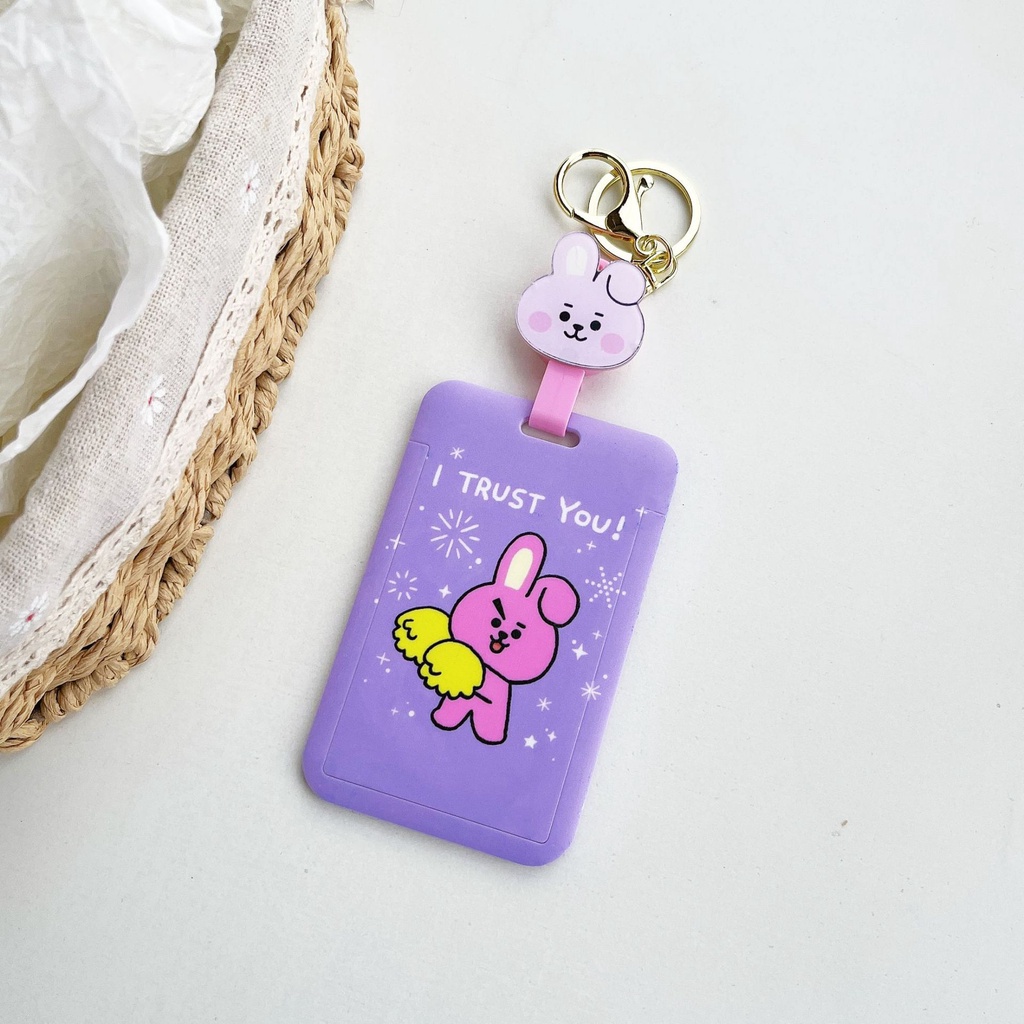 KPOP BTS BT21 Card Holder Hard Case TATA COOKY Photocard Protector Key Ring dengan Rantai Gantung yang Dapat Direnggangkan