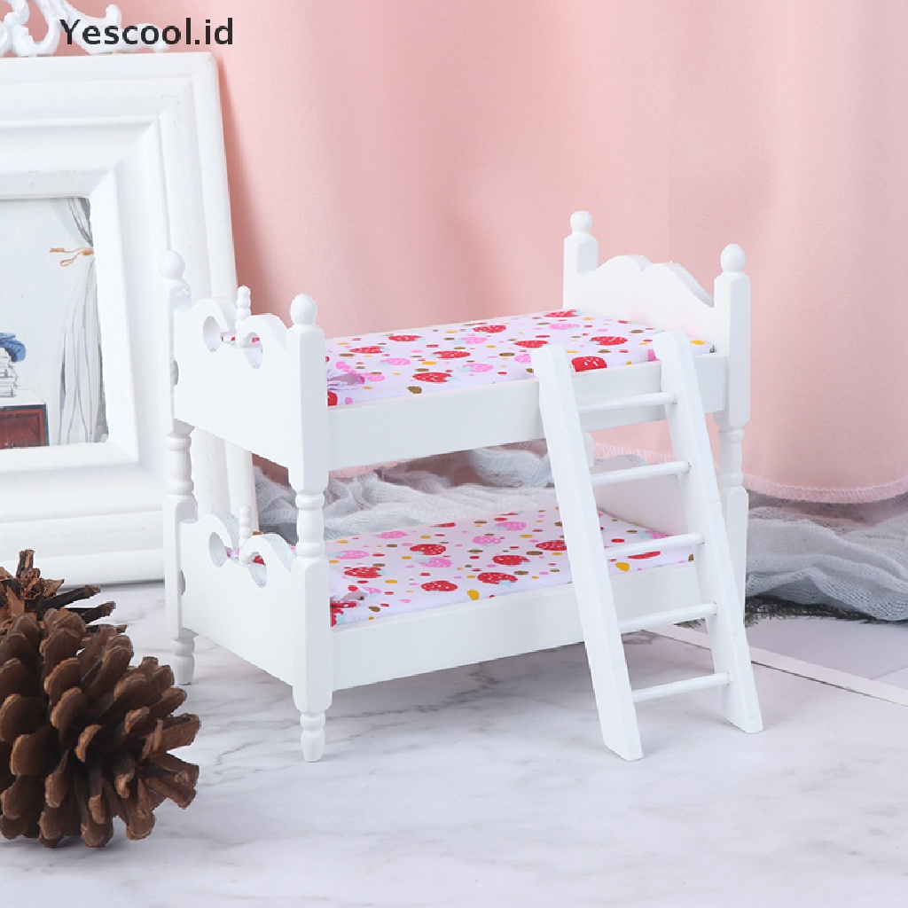 【Yescool】 1:12 Dollhouse Kids Mini Bunk Bed Toy Bedroom Model for Children Doll Accessery .