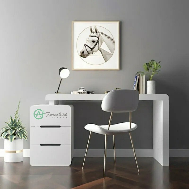Meja Kerja Kayu 3 Laci Putih Rangka Kayu Mahoni