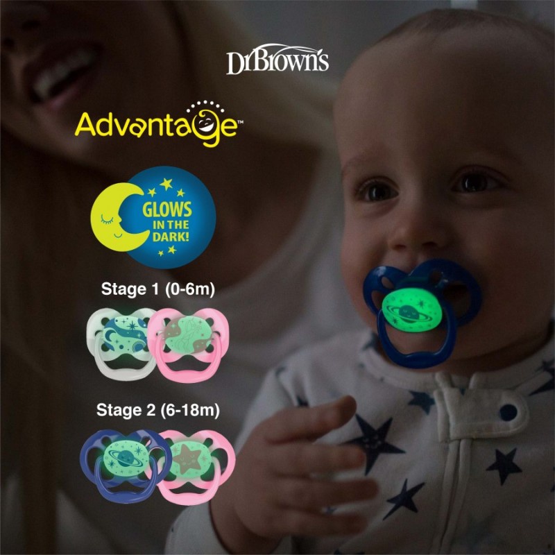 Dr Brown's Advantage Pacifier Glow in the Dark Empeng Stage 2 - 2 Pack