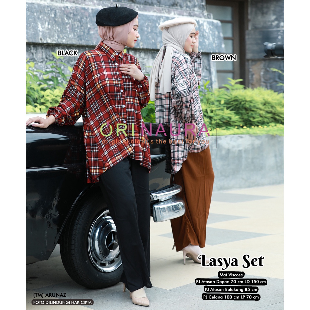 Lasya Baju Setelan Kemeja Rayon Kotak-kotak LD 150 cm Celana Kulot Polos One Set Jumbo Busui Friendl