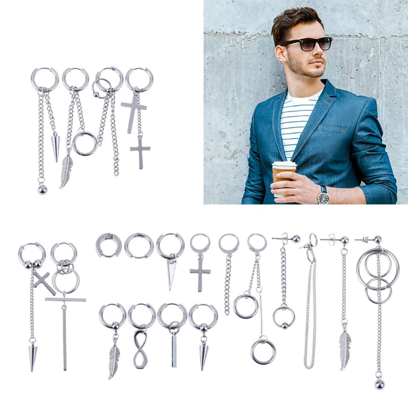 SIY  20Pcs Korean Huggie Hoop Earring Stainless Steel Dangle Hinged Feather Drop Earrings Long Chain Pendant Earrings Jewelry